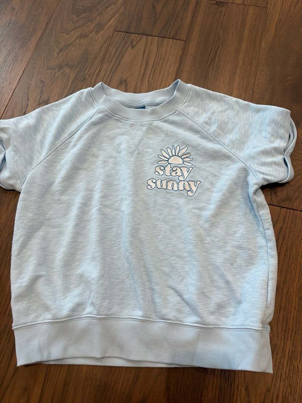 Old Navy Stay Sunny Embroidered Short Sleeve Pullover Sweatshirt Light Blue Girl